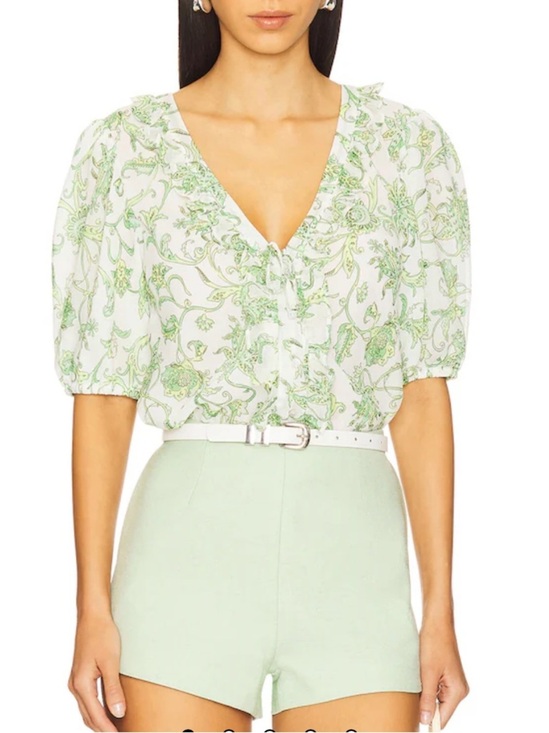 cinq a sept Tops - Cinq a Sept Ivy Paisley Seraphina in Ivory and Green Ruffled Blouse